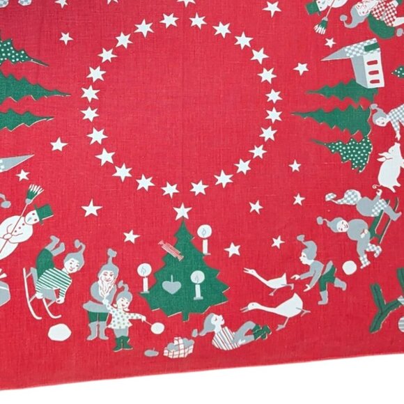 Vintage MCM Christmas Holliday Table Cloth Runner Elves Folk Art Boho Midcentury - Picture 4 of 7